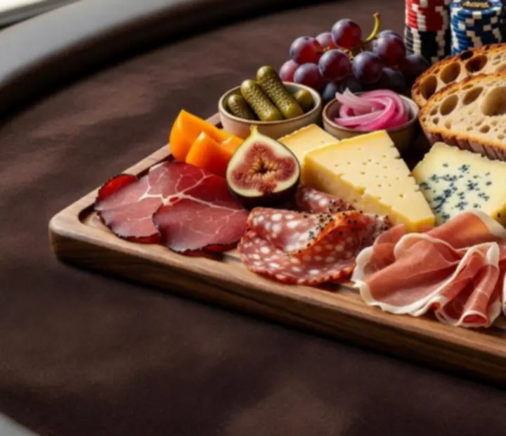 Australian charcuterie board beside a poker table with chip stacks