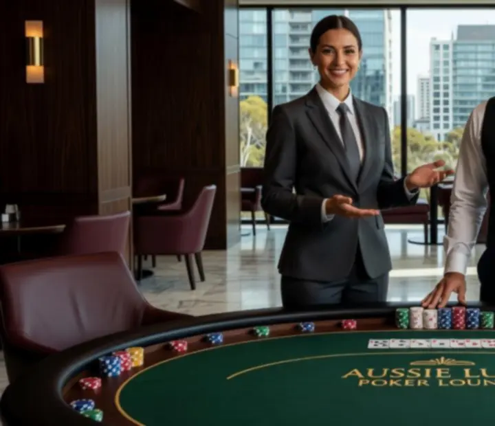 Host and dealer greeting guests at a sunlit offline poker table at The Marble Parlour