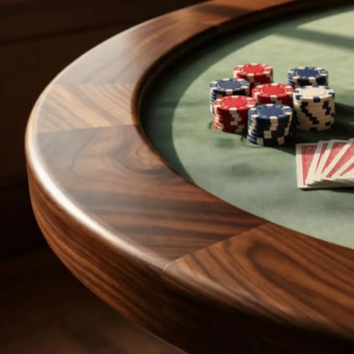 Detail of custom timber poker table with ivory felt and ceramic chip stacks at The Marble Parlour