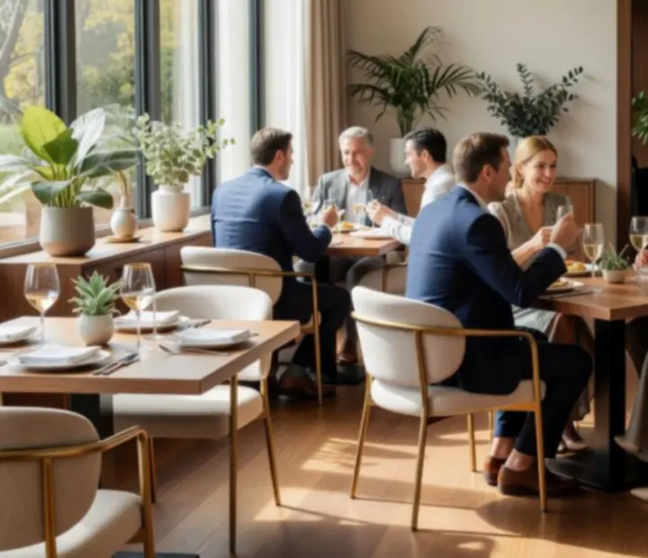 Sunlit dining room with timber tables, gold accents, and a view towards the card room