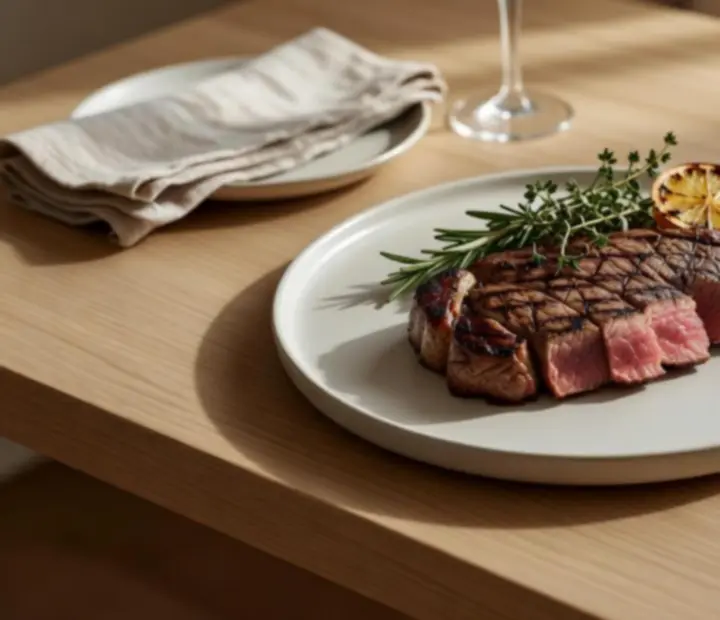 Dry-aged Australian steak sliced on a timber board with cognac jus