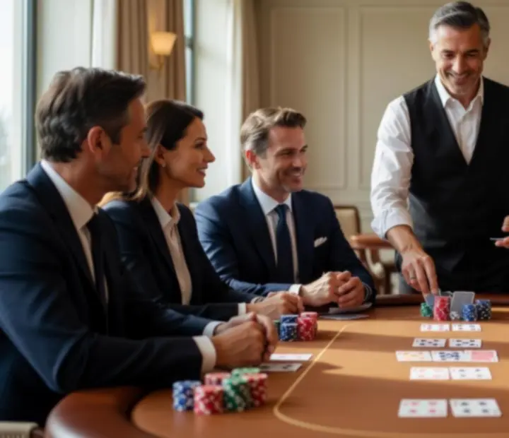 Professional dealer guiding new players through an offline Texas Hold'em session