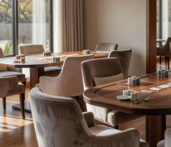 Sunlit offline poker lounge with handcrafted tables at The Marble Parlour