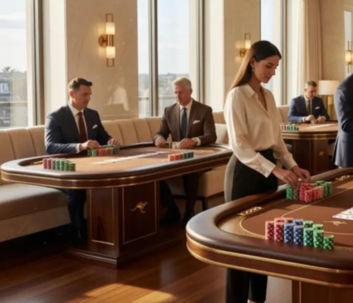 Sunlit offline poker tournament at custom wooden tables
