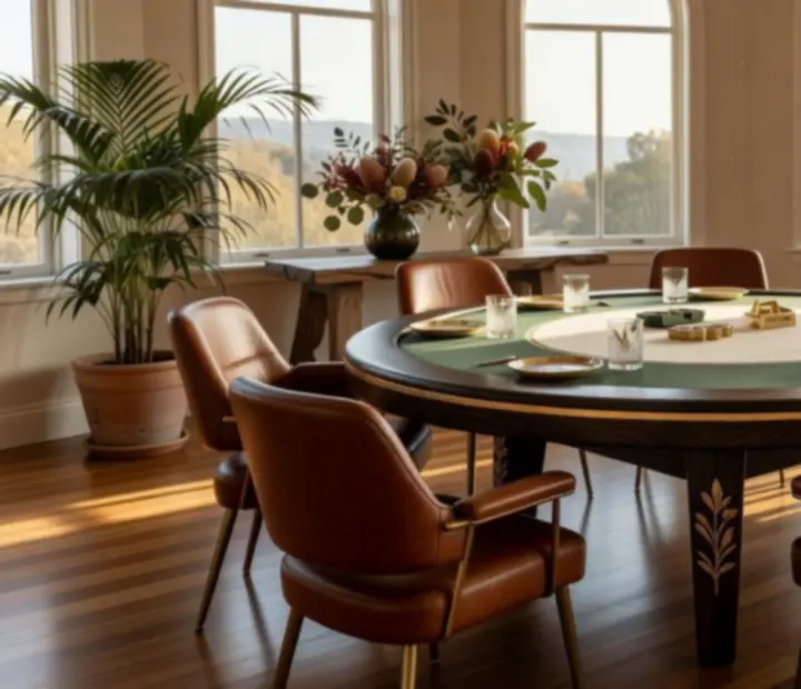 Private high roller poker suite with sage felt tables and natural daylight