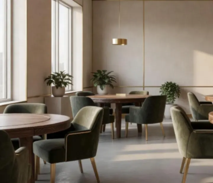 Daylight-filled high roller poker lounge with sage felt tables and alabaster walls