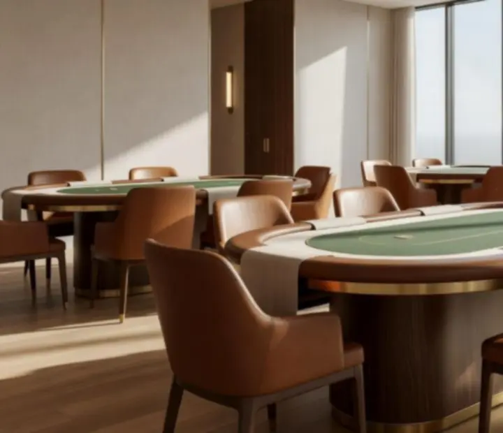 Sunlit luxury offline poker room with custom wooden poker tables at The Marble Parlour