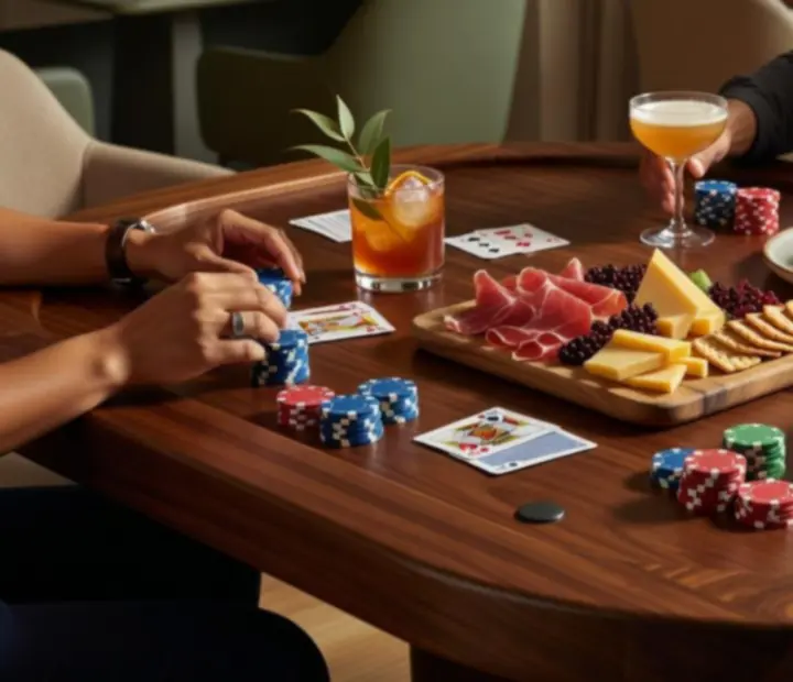 Tableside dining service at poker tables with charcuterie and cocktails