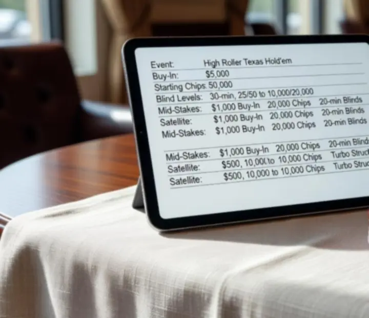 Tournament schedule and blind structures displayed on a tablet in the poker lounge