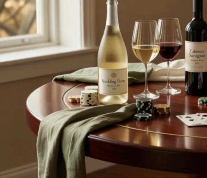 Glasses of Australian wine beside poker chips and cards